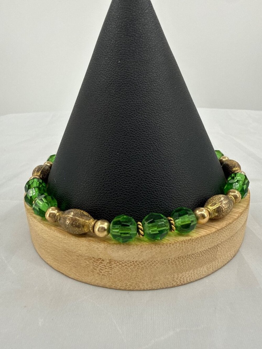 Vintage Emerald Green Crystal Brass Bead Strand Lobster Clasp Ankle Bracelet